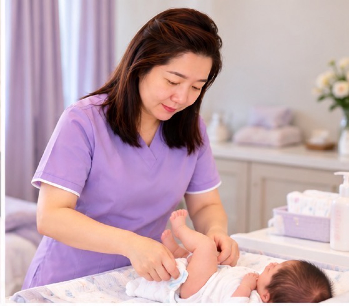 Xiao Li changing a newborn's diaper