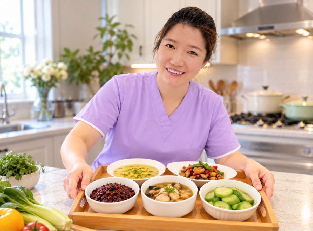 Xiao Li presenting a tray of postpartum meals